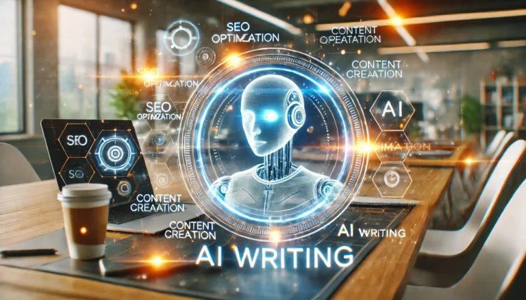DALL·E 2025 02 08 01.36.00 A futuristic AI powered writing assistant displayed on a sleek digital screen surrounded by floating text and glowing keywords like SEO Optimization