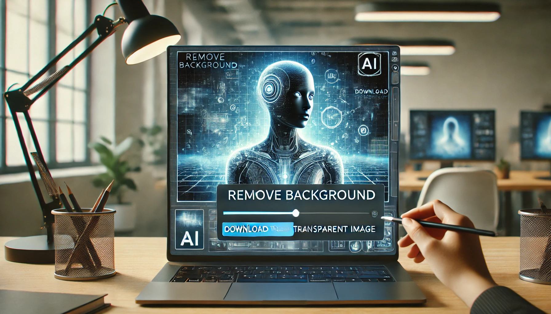 DALL·E 2025 02 08 01.41.35 A futuristic AI powered background removal tool in action displaying an image being edited with the background disappearing seamlessly. The digital i