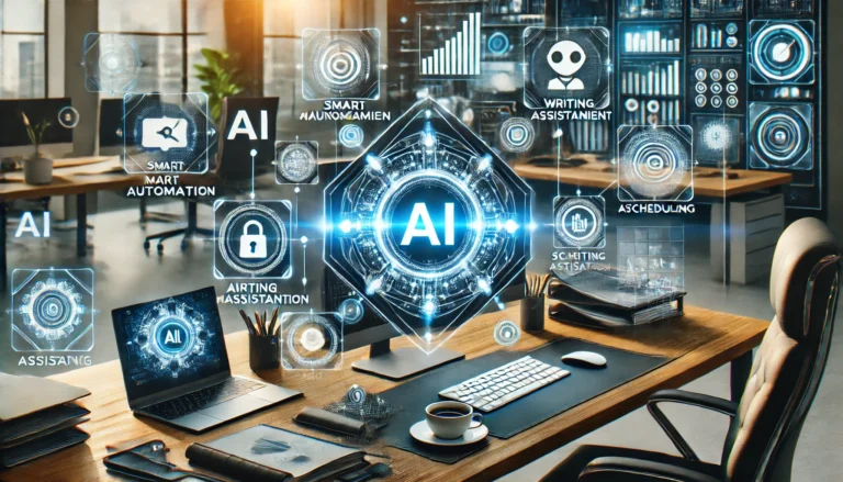 DALL·E 2025 02 08 01.46.27 A futuristic digital workspace featuring AI powered productivity tools in action. Screens display smart automation task management writing assistanc