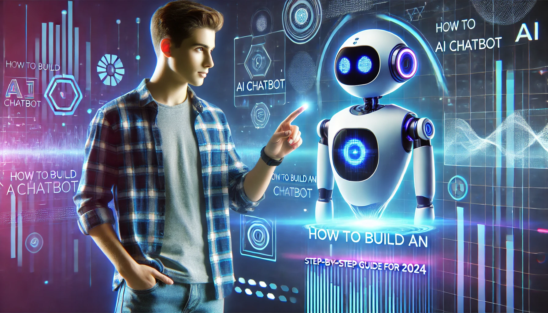 DALL·E 2025 02 09 03.19.37 A futuristic AI chatbot concept image featuring a young man interacting with a sleek glowing robotic assistant on a digital interface. The young man