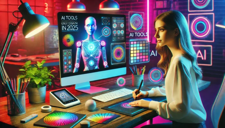 young female graphic designer using AI-powered tools on a widescreen computer with a digital drawing tablet in a futuristic, neon-lit workspace. A holographic AI assistant is helping her create a logo, symbolizing the future of AI in graphic design
