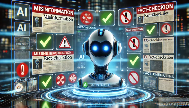 DALL·E 2025 02 12 23.57.29 A futuristic AI chatbot analyzing multiple news articles on a wide digital screen. The background depicts icons of misinformation red warning symbols