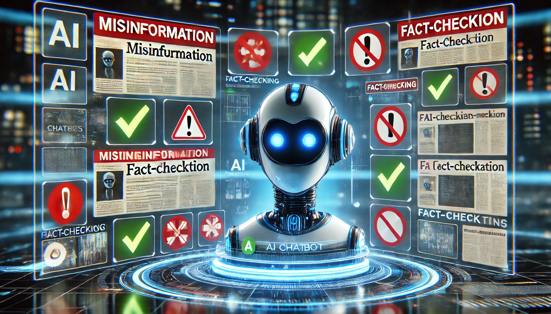 DALL·E 2025 02 12 23.57.29 A futuristic AI chatbot analyzing multiple news articles on a wide digital screen. The background depicts icons of misinformation red warning symbols