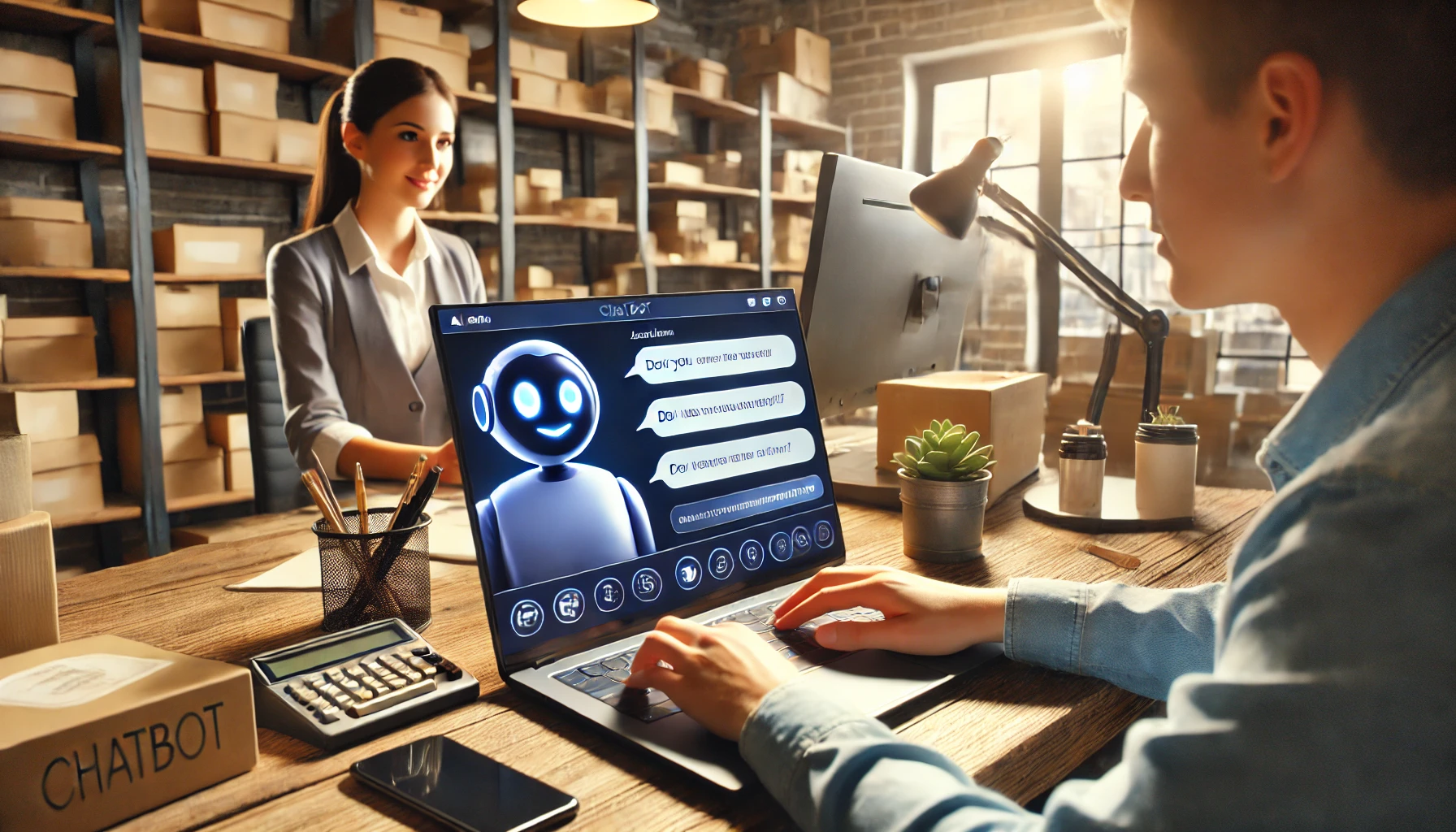 AI-powered chatbot assisting a small business owner with customer queries