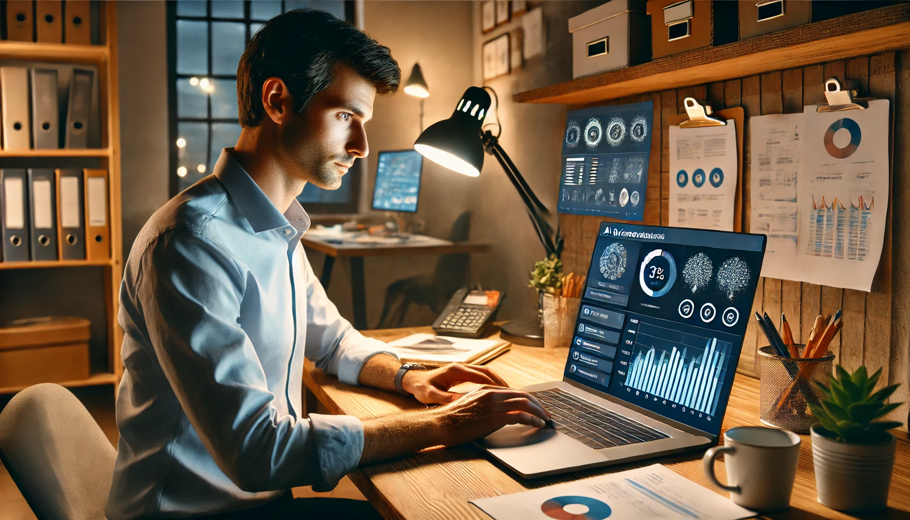 Small business owner reviewing AI-driven analytics on a laptop
